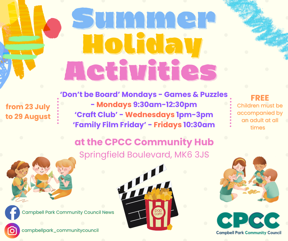 Summer Holiday activities at the CPCC Community Hub poster